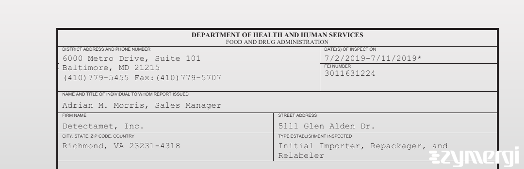 FDANews 483 Detectamet, Inc. Jul 11 2019 top