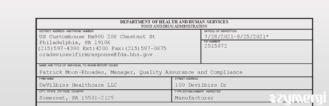 FDANews 483 DeVilbiss Healthcare LLC Aug 25 2021 top