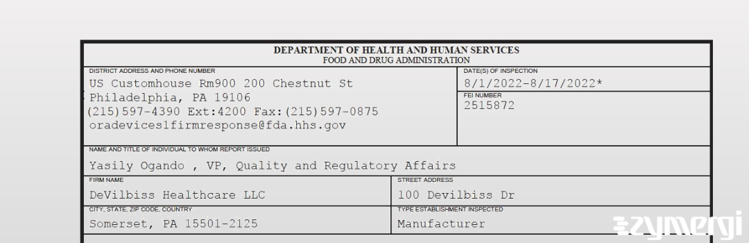 FDANews 483 DeVilbiss Healthcare LLC Aug 17 2022 top