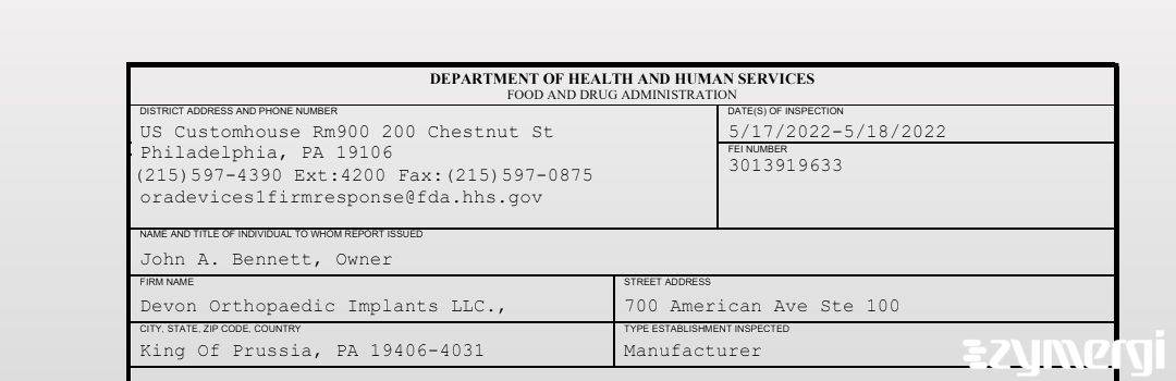 FDANews 483 Devon Orthopaedic Implants LLC., May 19 2022 top