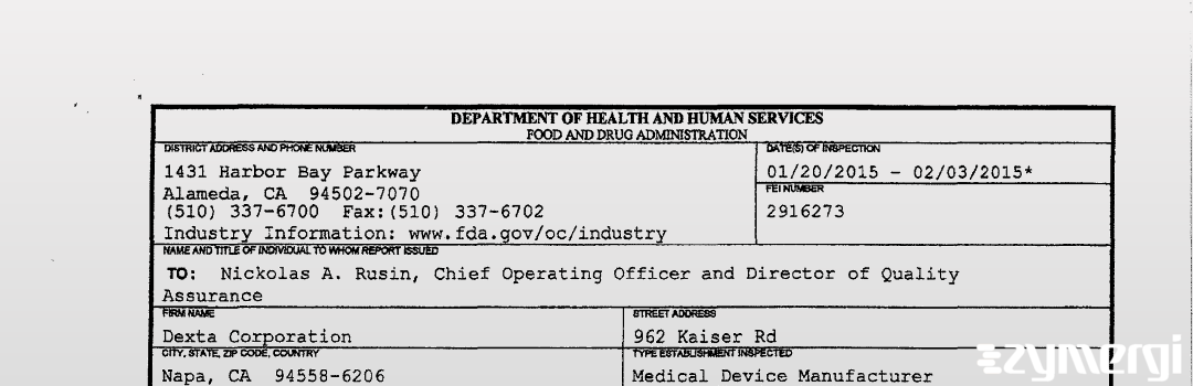 FDANews 483 Dexta Corporation Feb 3 2015 top