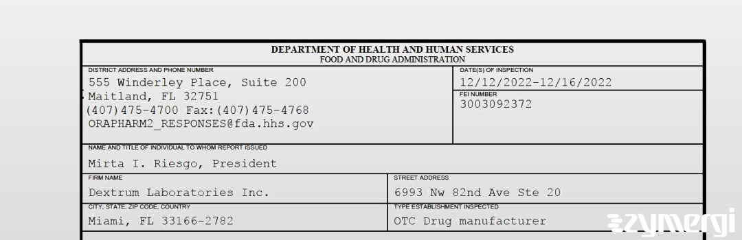 FDANews 483 Dextrum Laboratories Inc. Dec 16 2022 top