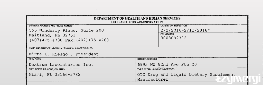 FDANews 483 Dextrum Laboratories Inc. Feb 12 2016 top