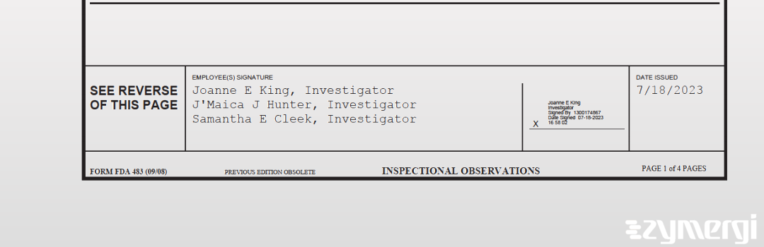 Joanne E. King FDA Investigator J'Maica J. Hunter FDA Investigator Samantha E. Cleek FDA Investigator Hunter, J'Maica J FDA Investigator 