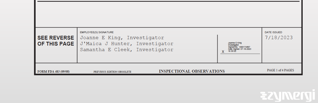 Joanne E. King FDA Investigator J'Maica J. Hunter FDA Investigator Samantha E. Cleek FDA Investigator Hunter, J'Maica J FDA Investigator