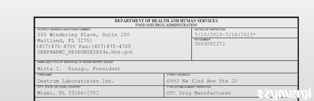 FDANews 483 Dextrum Laboratories Inc. Jul 18 2023 top