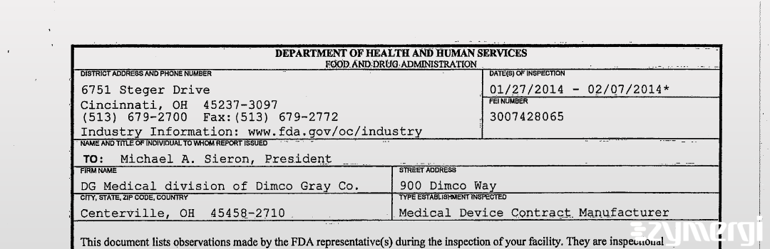 FDAzilla 483 DG Medical division of Dimco Gray Co. Feb 7 2014 top