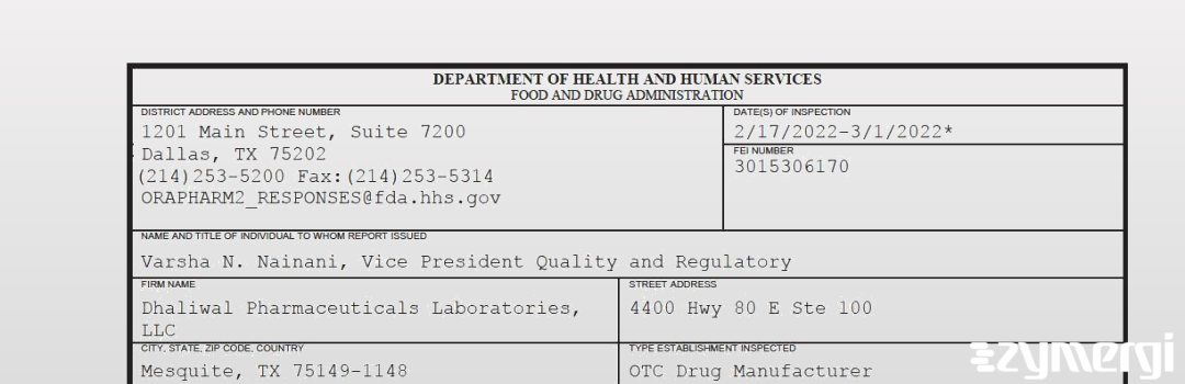 FDANews 483 Dhaliwal Pharmaceuticals Laboratories, LLC Mar 1 2022 top