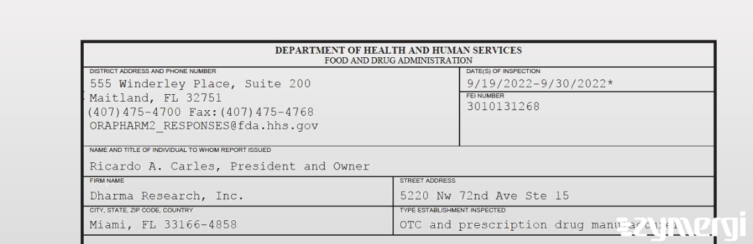 FDANews 483 Dharma Research, Inc. Sep 30 2022 top