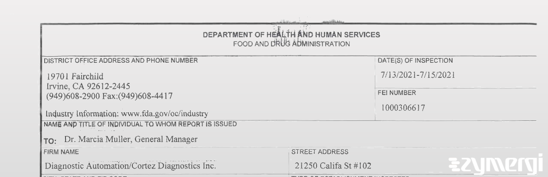 FDANews 483 Diagnostic Automation/Cortez Diagnostics Inc Jul 15 2021 top