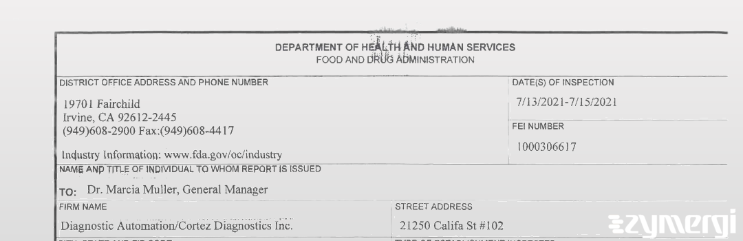 FDANews 483 Diagnostic Automation/Cortez Diagnostics Inc Jul 15 2021 top