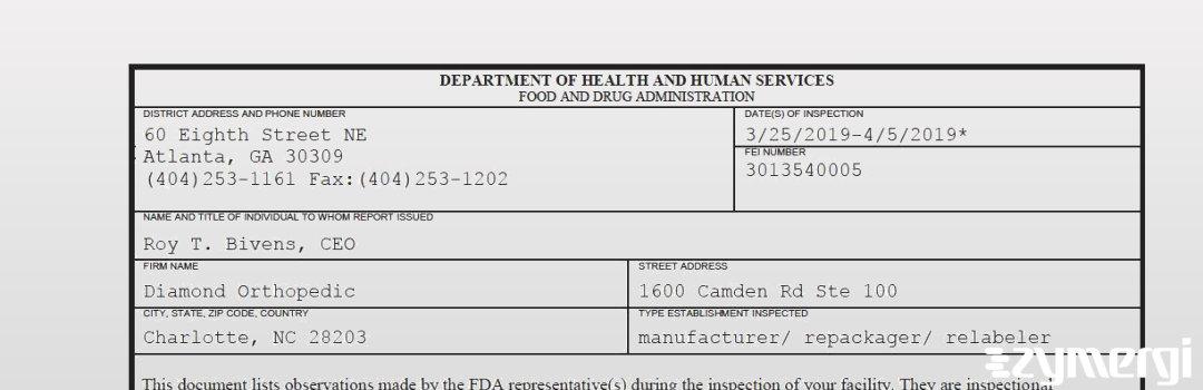 FDANews 483 Diamond Orthopedic Apr 5 2019 top