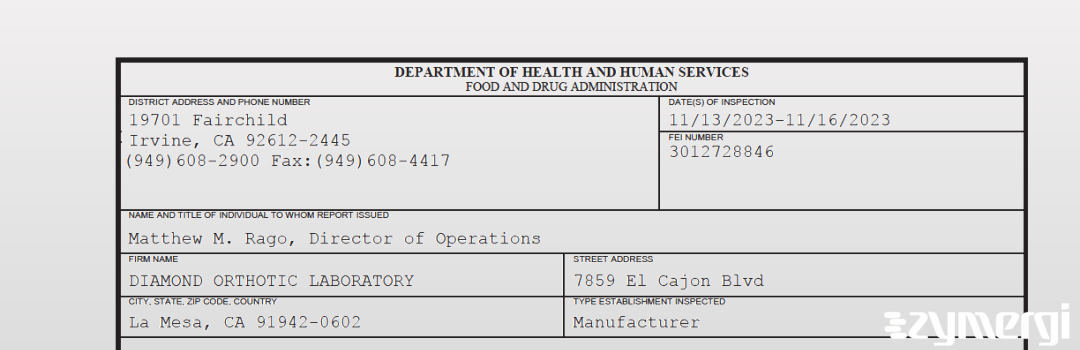 FDANews 483 DIAMOND ORTHOTIC LABORATORY Nov 16 2023 top