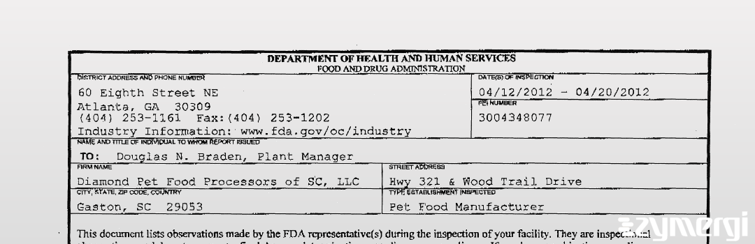 FDANews 483 Diamond Pet Food Processors of SC, LLC Apr 20 2012 top