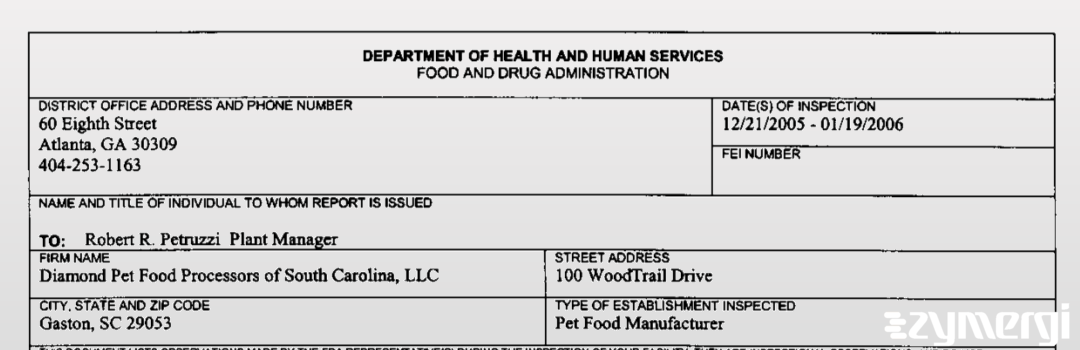 FDANews 483 Diamond Pet Food Processors of SC, LLC Jan 19 2006 top