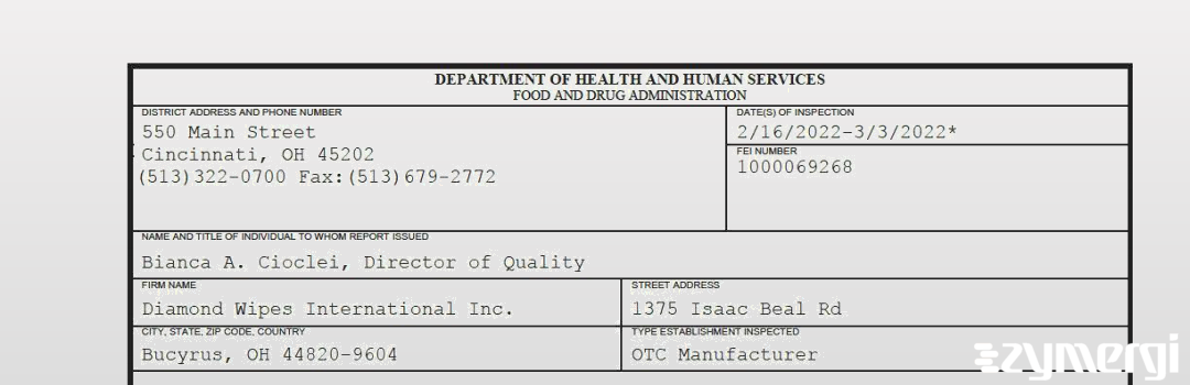 FDANews 483 Diamond Wipes International, Inc. Mar 3 2022 top