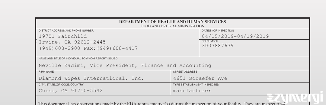 FDANews 483 Diamond Wipes International, Inc. Apr 19 2019 top