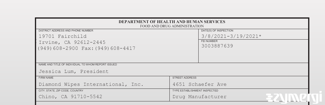 FDANews 483 Diamond Wipes International, Inc. Mar 19 2021 top