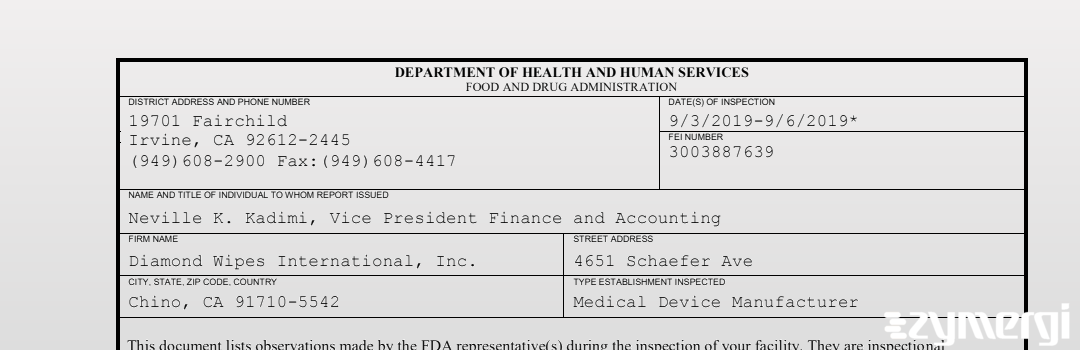 FDANews 483 Diamond Wipes International, Inc. Sep 6 2019 top