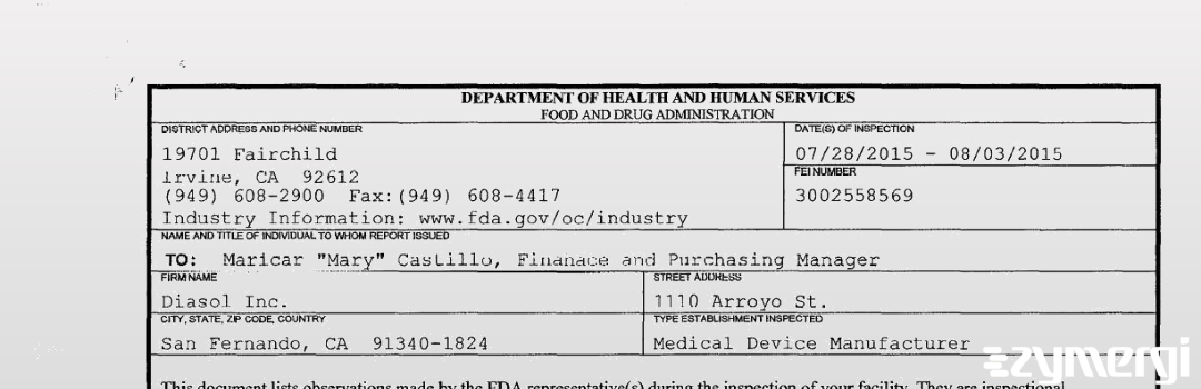 FDANews 483 Diasol, Inc Aug 3 2015 top