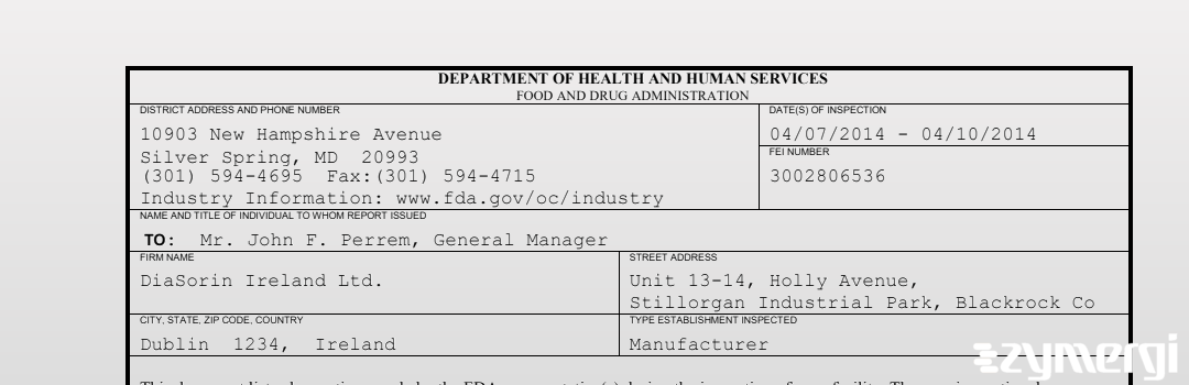 FDANews 483 DiaSorin Ireland Ltd. Apr 10 2014 top