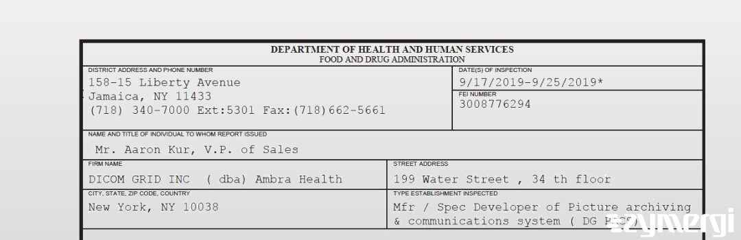 FDANews 483 DICOM Grid, Inc. d/b/a Ambra Health Sep 25 2019 top