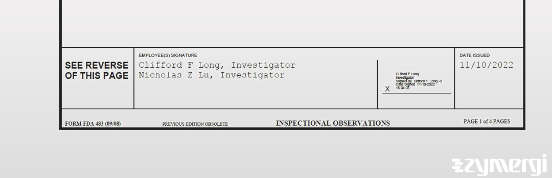 Clifford F. Long FDA Investigator Nicholas Z. Lu FDA Investigator