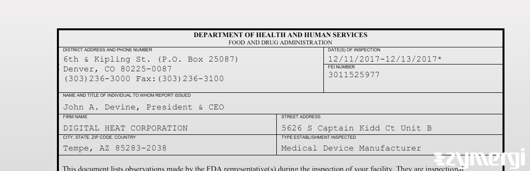 FDANews 483 DIGITAL HEAT CORPORATION Dec 13 2017 top