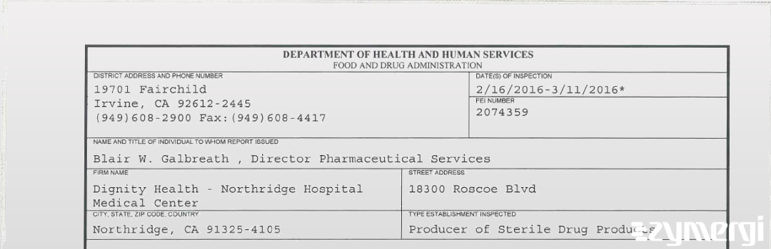 FDANews 483 Dignity Health - Northridge Hospital Medical Center Mar 11 2016 top