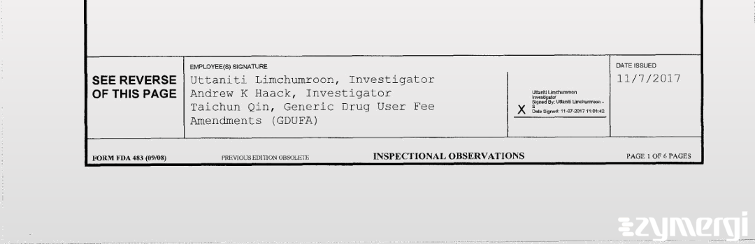 Taichun Qin FDA Investigator Uttaniti Limchumroon FDA Investigator Andrew K. Haack FDA Investigator 