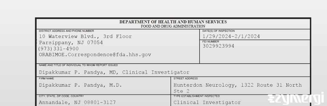 FDANews 483 Dipakkumar P. Pandya, M.D. Feb 1 2024 top