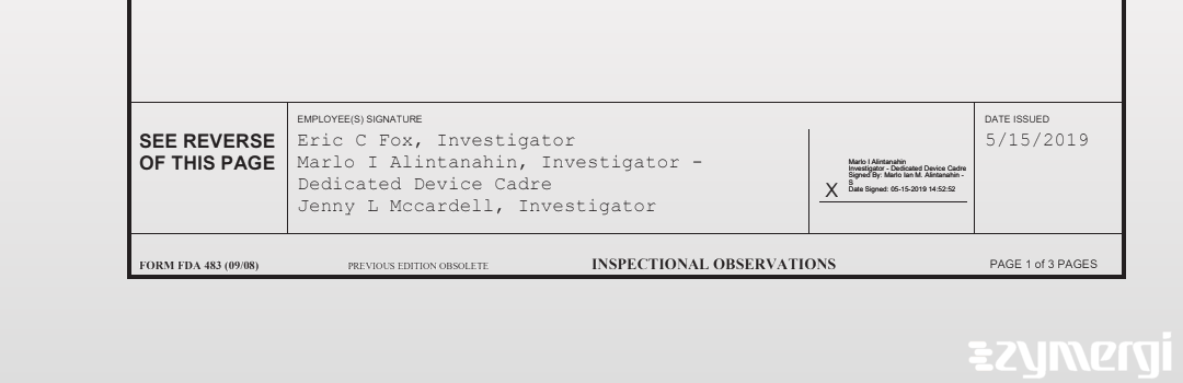 Jenny L. McCardell FDA Investigator Eric C. Fox FDA Investigator Marlo I. Alintanahin FDA Investigator