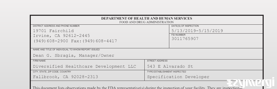 FDANews 483 Diversified Healthcare Development LLC May 15 2019 top