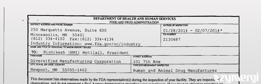 FDANews 483 Diversified Manufacturing Corporation Feb 7 2014 top