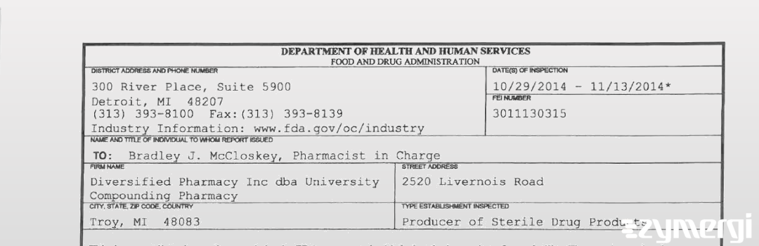 FDANews 483 Diversified Pharmacy Inc dba University Compounding Pharmacy Nov 13 2014 top