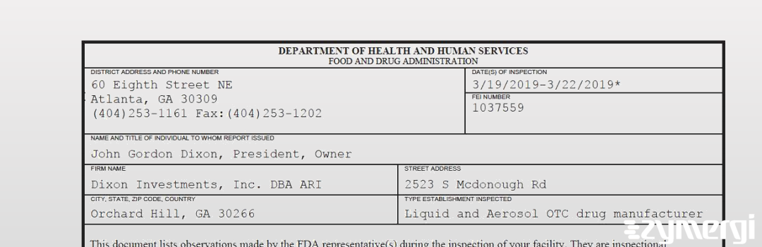 FDANews 483 Dixon Investments, Inc. DBA ARI Mar 22 2019 top