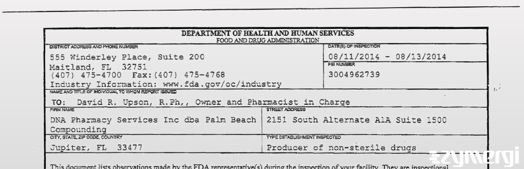 FDANews 483 DNA Pharmacy Services Inc dba Palm Beach Compounding Aug 13 2014 top