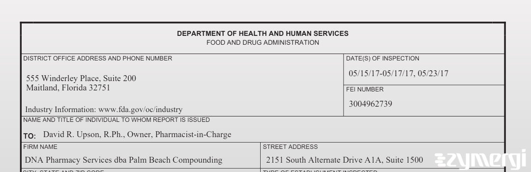 FDANews 483 DNA Pharmacy Services Inc dba Palm Beach Compounding May 23 2017 top
