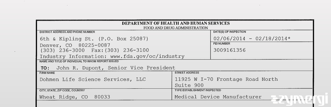 FDANews 483 Dohmen Life Science Services, LLC Feb 18 2014 top