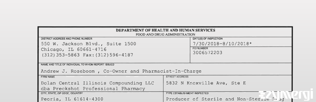 FDANews 483 Dolan Central Illinois Compounding LLC dba Preckshot Professional Pharmacy Aug 10 2018 top