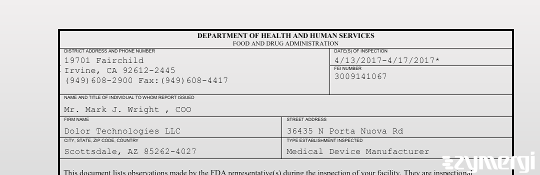 FDANews 483 Dolor Technologies LLC Apr 17 2017 top