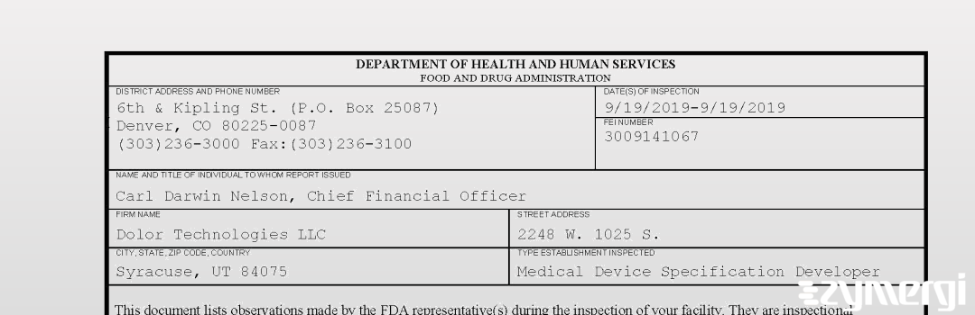 FDANews 483 Dolor Technologies LLC Sep 19 2019 top