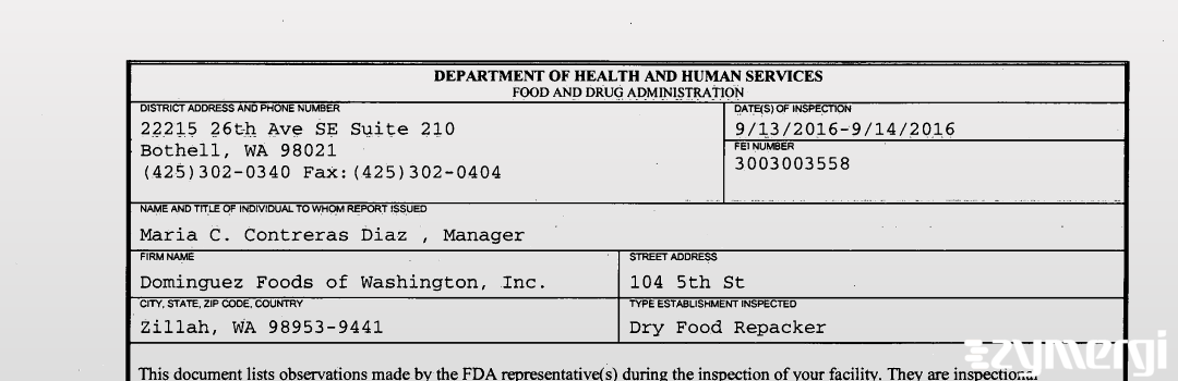 FDANews 483 Dominguez Foods of Washington, Inc. Sep 14 2016 top