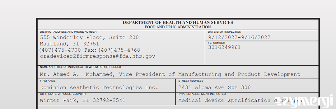 FDANews 483 Dominion Aesthetic Technologies Inc. Sep 16 2022 top