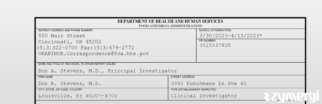 FDANews 483 Don A. Stevens, M.D. Apr 13 2023 top