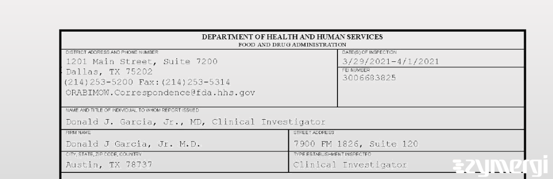 FDANews 483 Donald J Garcia, Jr. M.D. Apr 1 2021 top