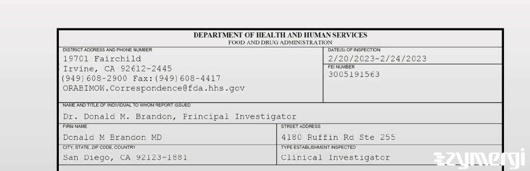 FDANews 483 Donald M Brandon MD Feb 24 2023 top