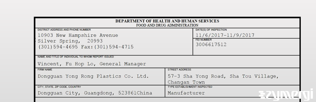 FDANews 483 Dongguan Yong Rong Plastics Co. Ltd. Nov 9 2017 top