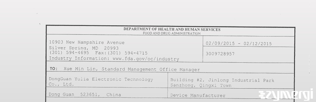 FDANews 483 DongGuan Yulia Electronic Technology Co., Ltd. Feb 12 2015 top