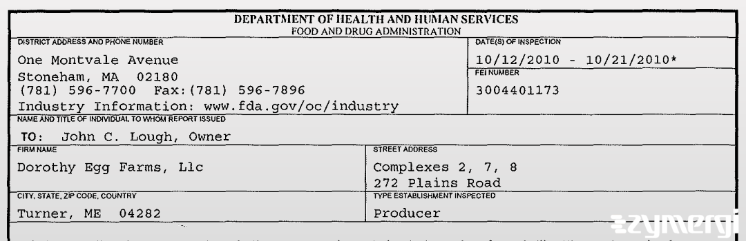 FDANews 483 Dorothy Egg Farms, Llc Oct 21 2010 top